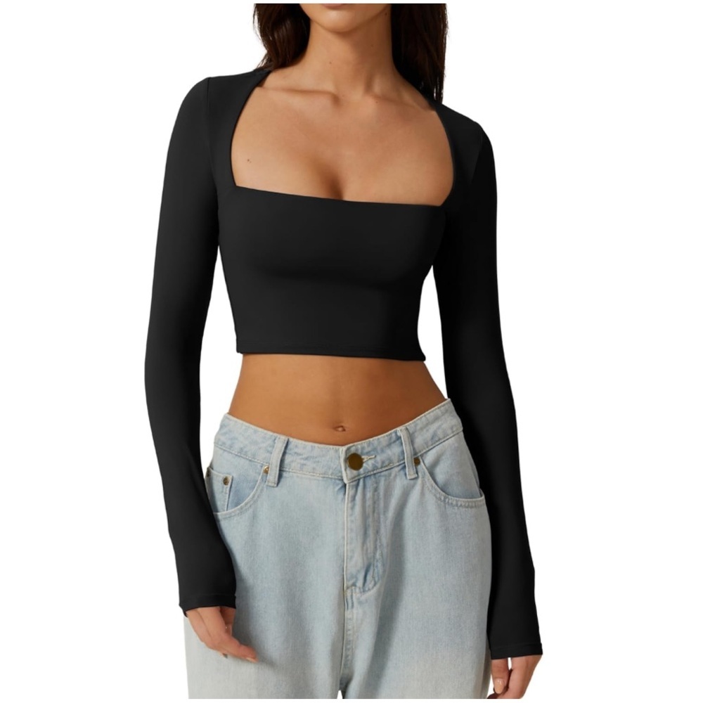 🆕 QINSEN Black Double Layer Square Neck Fitted Knit Crop Top XS